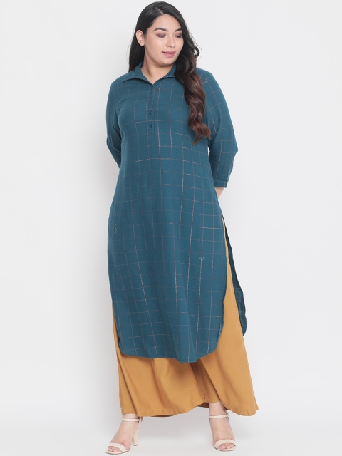 

Amydus Women Teal Blue & Rose Gold-Coloured Checked Straight Kurta