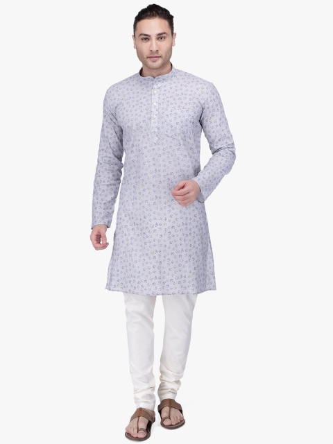

RAJUBHAI HARGOVINDAS Men Grey & Blue Floral Hand-Block Printed Handloom Straight Kurta