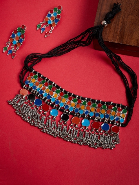 

GloBox By ZeroKaata Silver-Plated Blue & Red Stone-Studded Tribal Jewellery Set