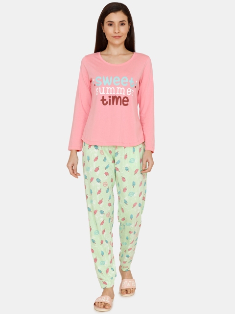 

Zivame Women Pink & Green Printed Night suit
