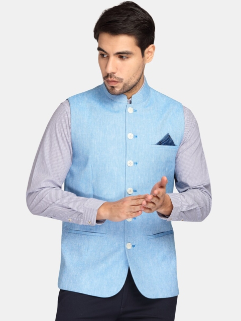 

Theme Men Blue Solid Woven Nehru Jacket