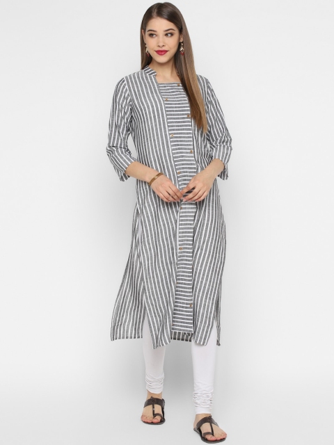 

CHRISTEENA Women Grey & White Striped Straight Kurta