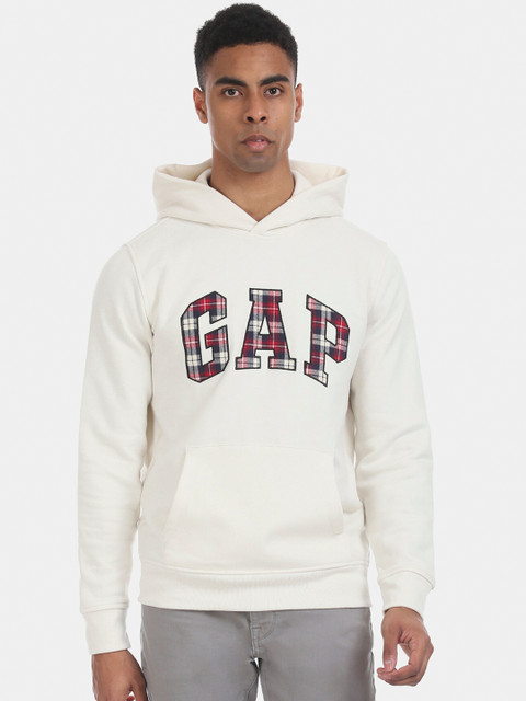 

GAP Men White Hooded Plaid Logo Brushed Cotton Fleece Sweatshirt