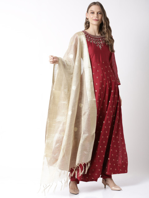 

Soch Women Maroon & Cream-Coloured Woven Design Kurta with Trousers & Dupatta