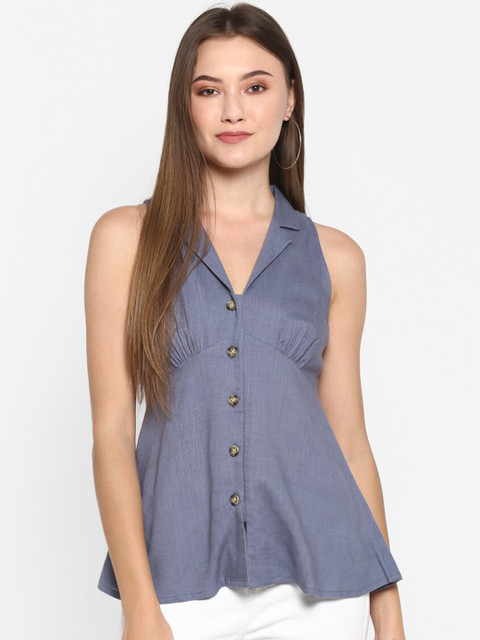 

FOSH Women Blue Solid Shirt Style Pure Cotton Top