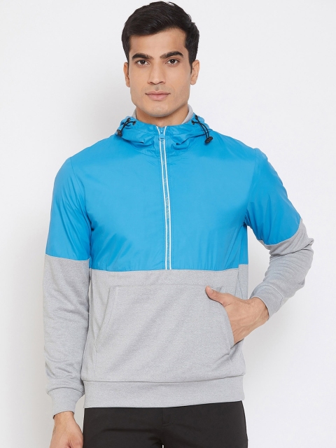 

PERFKT-U Men Blue & Grey Colourblocked Hooded Sweatshirt