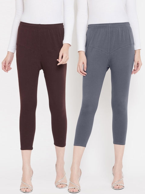 

Tulsattva Women Pack Of 2 Solid Three-Fourth Length Leggings, Coffee brown