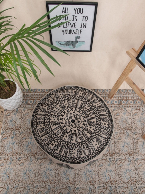 

Tistabene Black & Beige Mandala Insipred Computer Embroided Floor Cushion