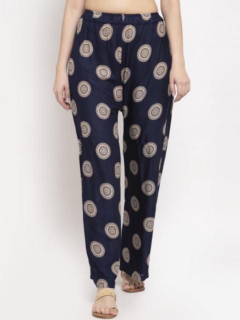 

TAG 7 Women Navy Blue & Beige Printed Flared Palazzos