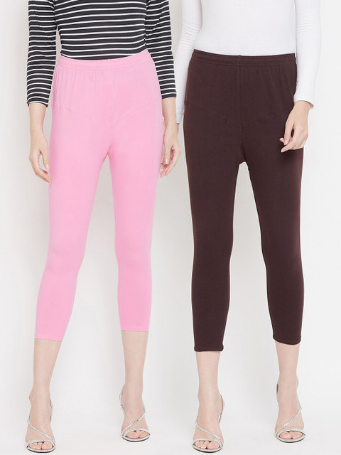 

Tulsattva Women Pack Of 2 Coffee Brown & Pink Solid Three-Fourth Length Leggings
