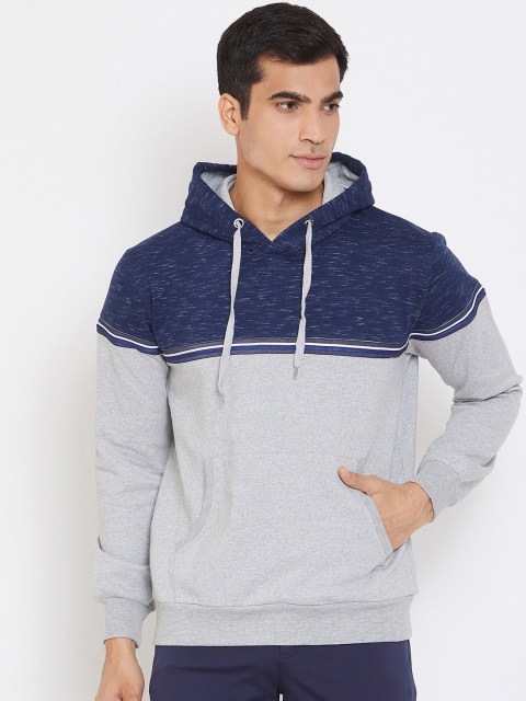 

PERFKT-U Men Grey & Blue Colourblocked Hooded Sweatshirt