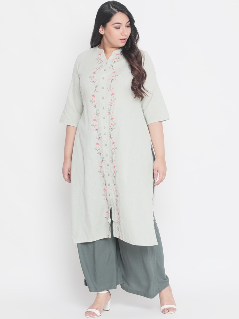 

Amydus Women Green & Grey Floral Embroidered Straight Kurta