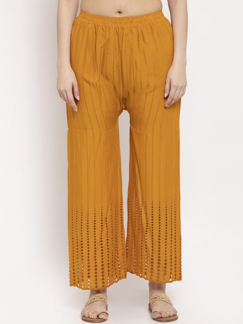 

TAG 7 Women Mustard Embroidered Flared Palazzos