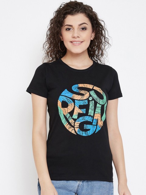 

Purple Feather Women Black Printed Round Neck T-shirt