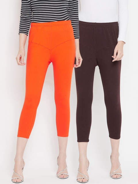 

Tulsattva Women Pack Of 2 Solid Three-Fourth Length Leggings, Coffee brown
