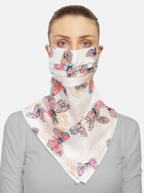 

Anekaant Women White & Pink Printed Cotton Reusable 3-Ply Scarf Style Cloth Mask