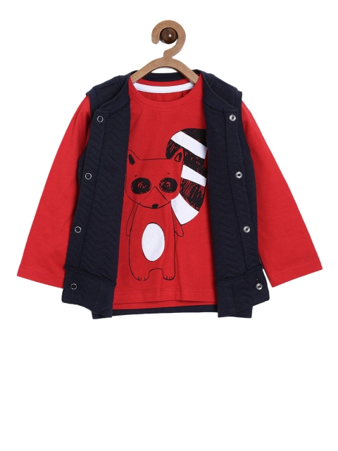 

5.10.15 Boys Red & Navy Blue Printed T-shirt with Waist coat
