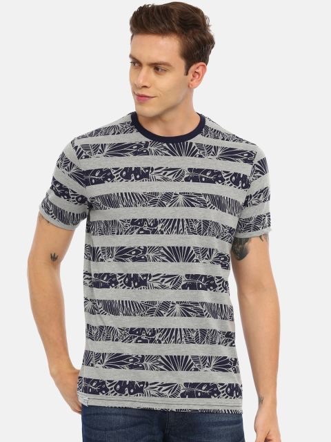 

Classic Polo Men Grey & Navy Blue Striped Round Neck T-shirt
