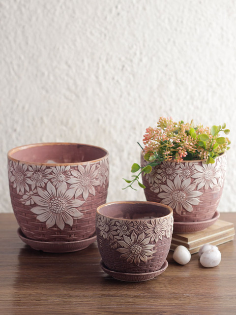 

Aapno Rajasthan Brown Set of 3 Floral Ceramic Planters