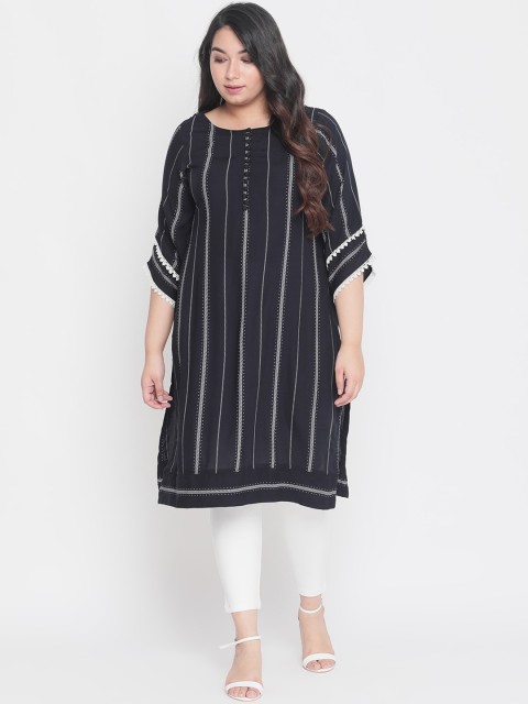 

Amydus Women Black & White Striped Straight Kurta