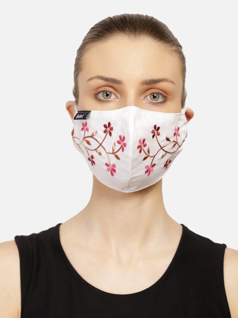 

Anekaant Women White & Pink Floral Embroidered Reusable 3-Ply Cotton Mask