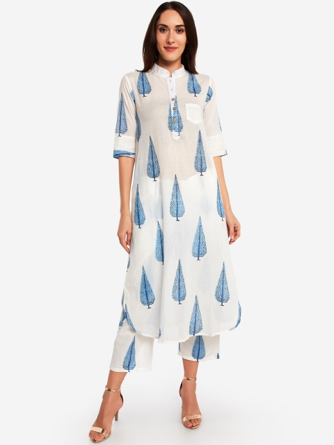 

Desi Weavess Women Off-White & Blue Printed Kurta with Trousers