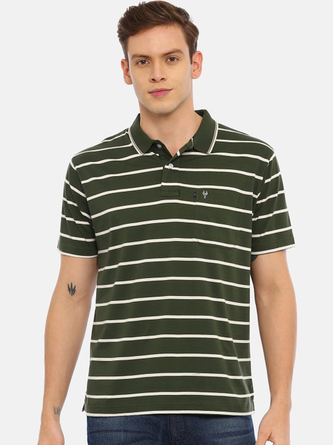 

Classic Polo Men Olive Green Striped Polo Collar T-shirt