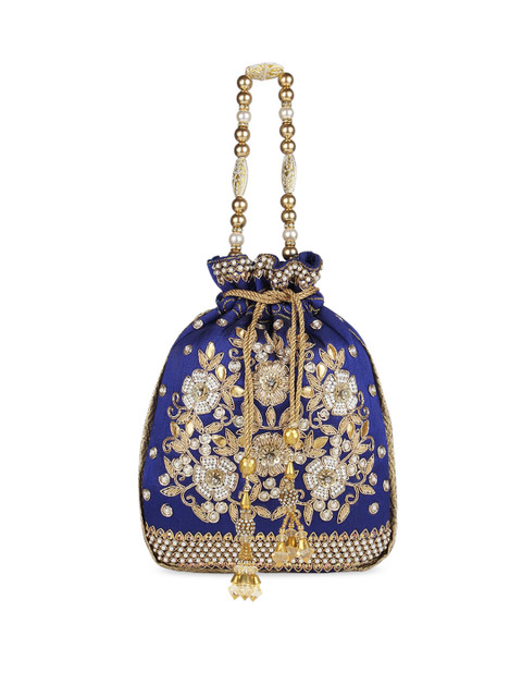 

Rocia Blue & Gold-Toned Zari Embellished Potli Clutch
