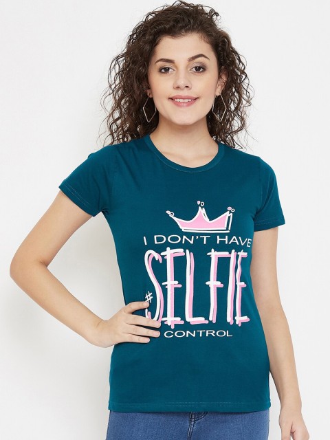 

Purple Feather Women Teal Blue & Pink Printed Round Neck T-shirt