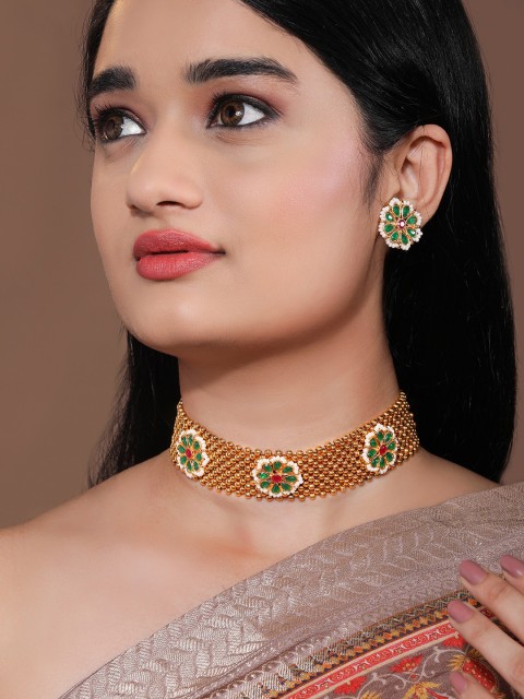 

Rubans 22K Gold-Plated Green & White Kundan-Studded Beaded Handcrafted Jewellery Set