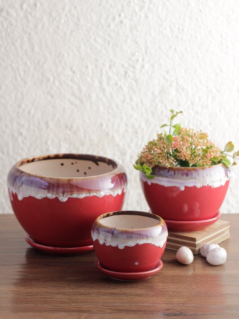 

Aapno Rajasthan Red Set of 3 Round Handpainted Ceramic Planters