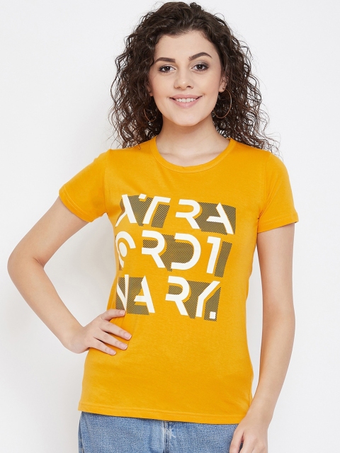 

Purple Feather Women Mustard Printed Round Neck T-shirt