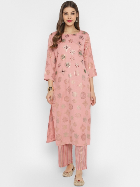 

CHRISTEENA Women Peach-Coloured Floral Regular Sequinned Kurta with Palazzos