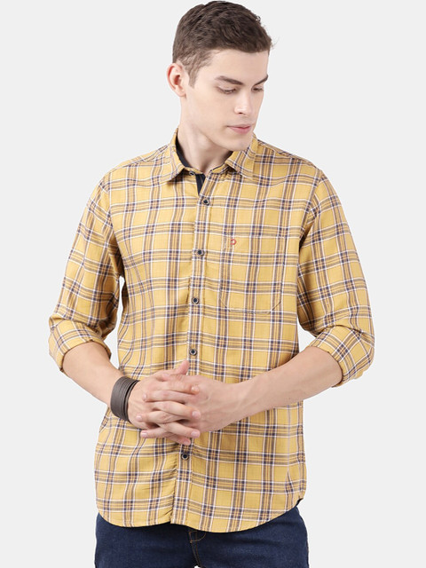 

DERBY JEANS COMMUNITY Men Yellow Slim Fit Checked Casual Shirt