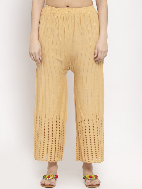 

TAG 7 Women Beige Self Design Wide Leg Palazzos