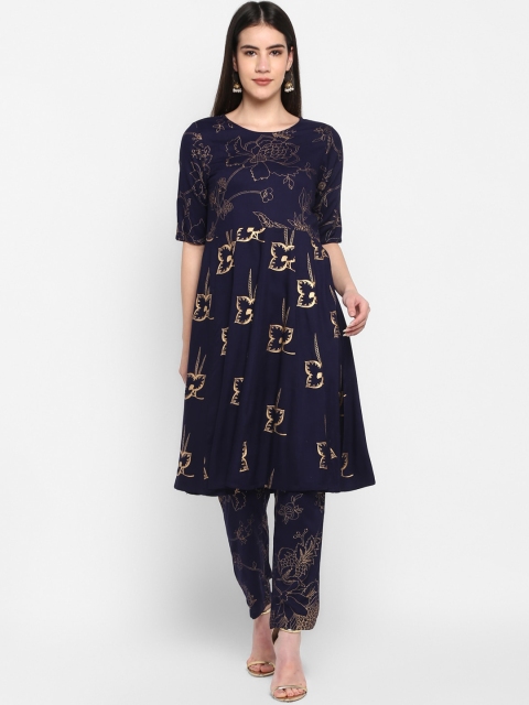

Aprique FAB Women Navy Blue & Gold-Coloured Printed A-Line Kurta