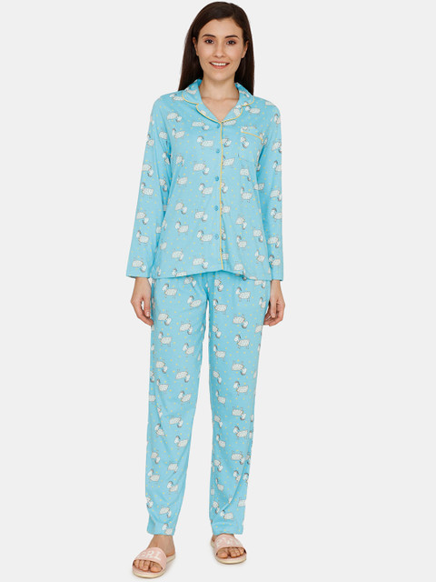 

Zivame Women Blue & Off-White Printed Night suit
