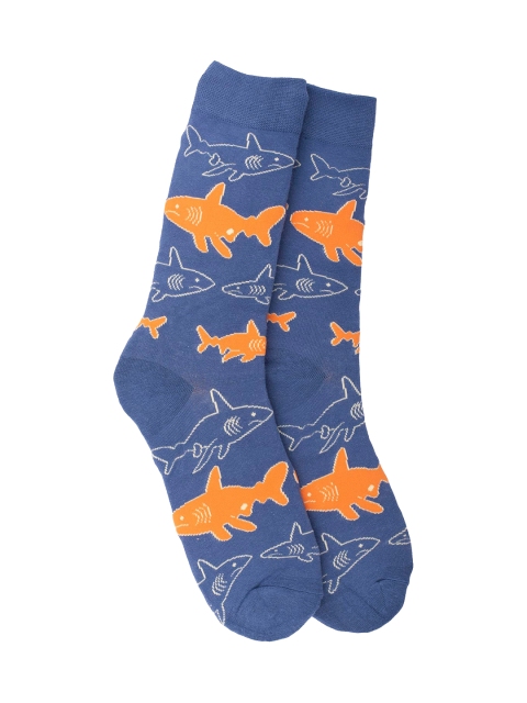 

The Tie Hub Men Blue & Orange Sharks Patterned Calf-Length Socks