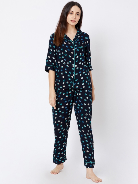 Sweet Dreams Women Navy Blue & Green Printed Night suit