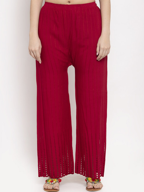 

TAG 7 Women Maroon Embroidered Flared Palazzos
