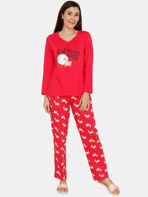 

Zivame Women Red & White Printed Night Suit