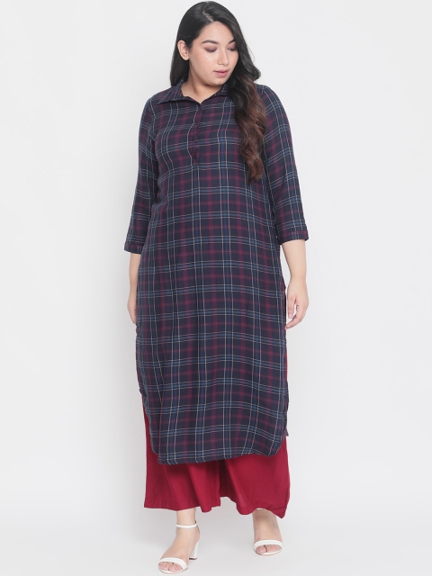 

Amydus Women Maroon & Navy Blue Checked Straight Kurta