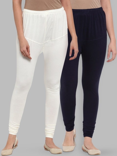 

Jompers Women Pack Of 2 White & Navy Blue Solid Churidar-Length Leggings