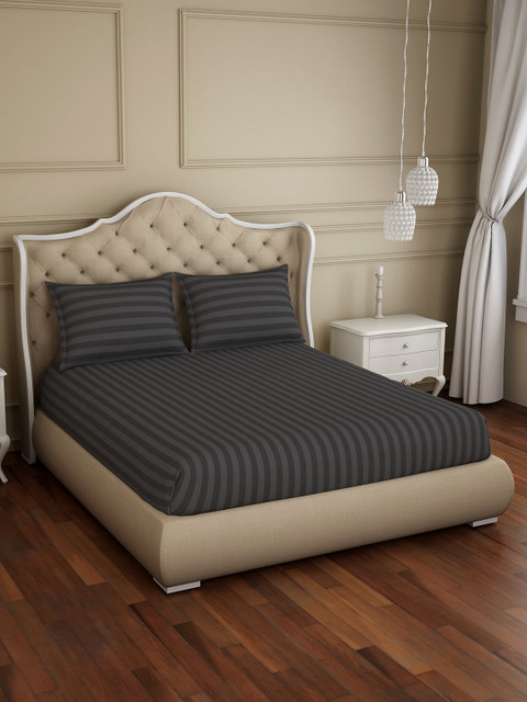 

SPACES Grey & Black Striped 210 TC Cotton 1 King Bedsheet with 2 Pillow Covers