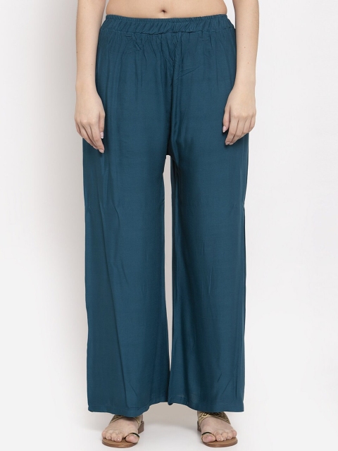 

TAG 7 Women Teal Blue Solid Straight Palazzos