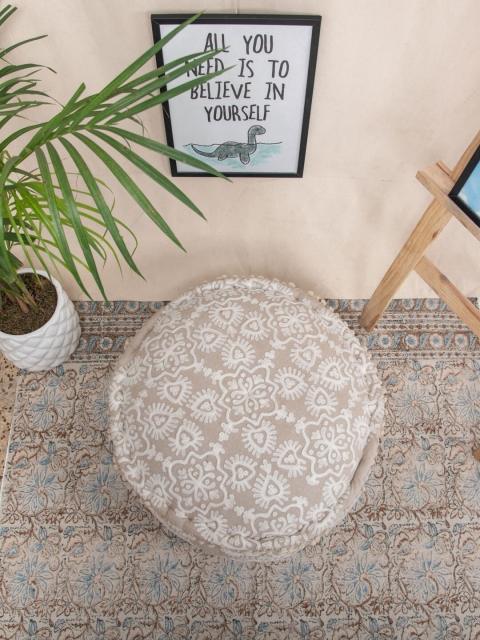 

Tistabene White & Beige Mandala Insipred Computer Embroided Floor Cushion