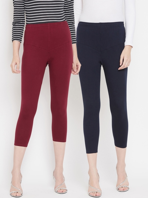 

Tulsattva Women Pack Of 2 Maroon & Navy Blue Solid Three-Fourth Length Leggings