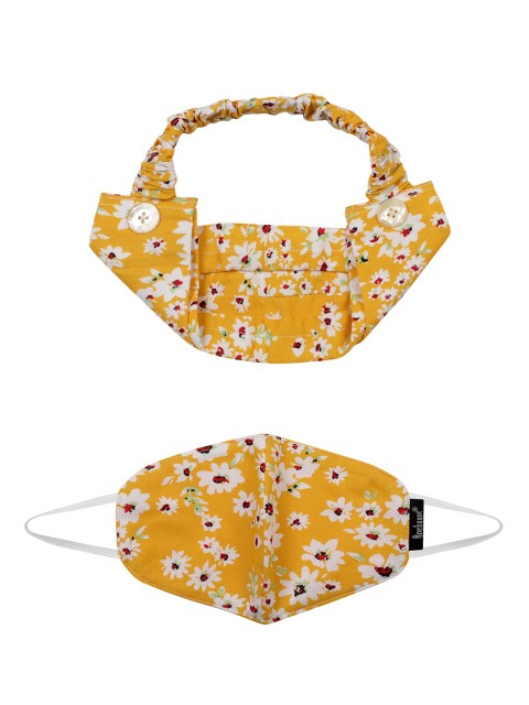 

Anekaant Women Yellow & White Printed Reusable 3-Ply Cloth Mask With Hairband