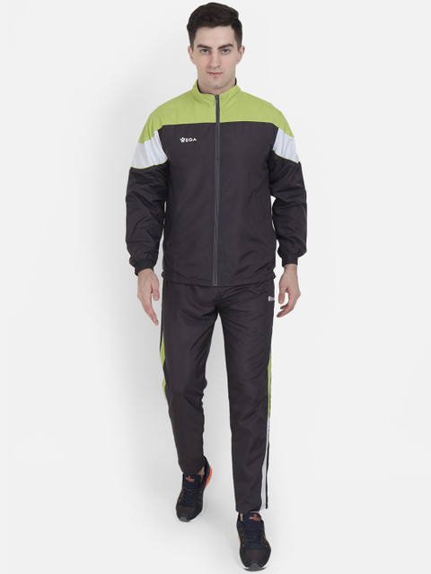 

VEGA Men Grey & Lime Green Colourblocked Sports Tracksuit
