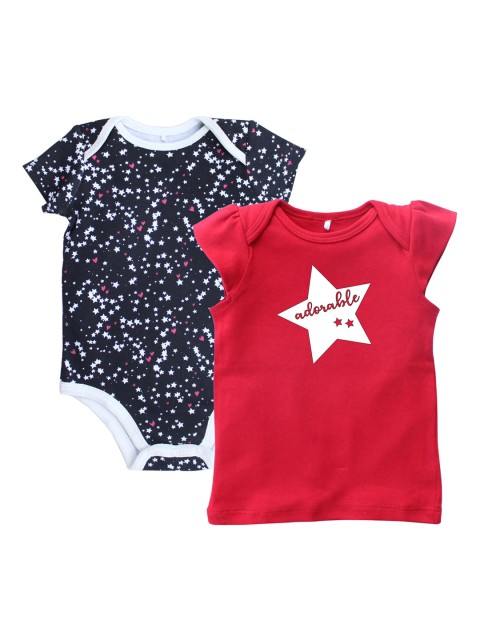 

Kadambaby Infants Girls Black Printed Rompers with T-Shirt